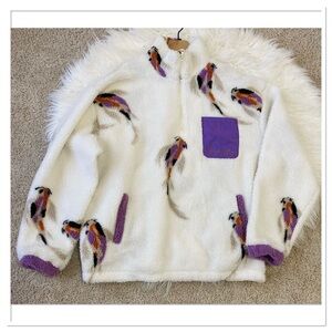 Taylor Swift Speak Now Koi Fish Quarter Zip Sherpa Jacket  Purple Ivory 2X